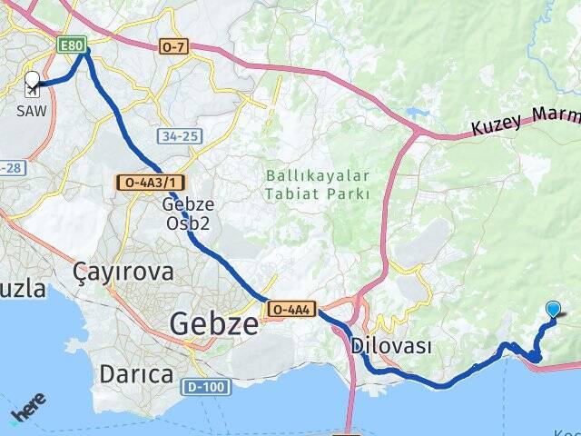 Yukarı Hereke Sabiha Gökçen Havalimanı Arası Kaç Km - Yol Tarifi