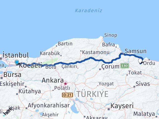Kocaeli Korgan Ordu Arası Kaç Km - Yol Haritası