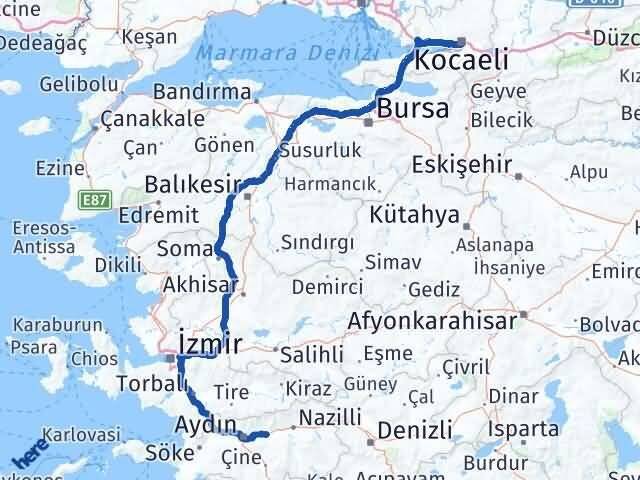 Kocaeli Köşk Aydın Arası Kaç Km - Yol Haritası