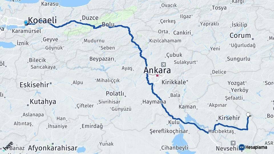 Kocaeli Kozaklı Nevşehir Arası Kaç Km - Yol Haritası