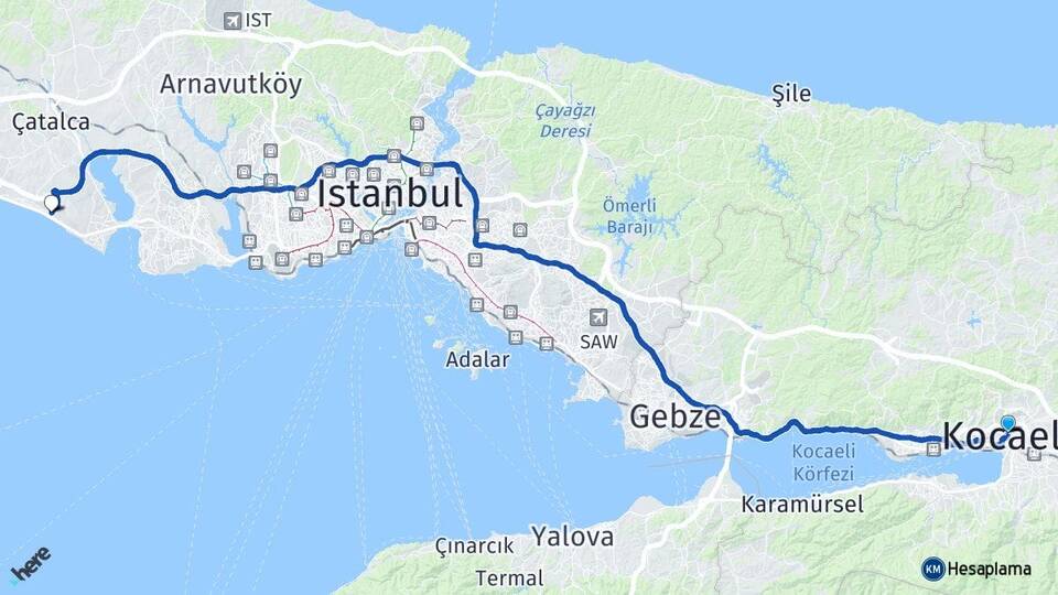 Kocaeli Kumburgaz Büyükçekmece İstanbul Arası Kaç Km - Yol Haritası