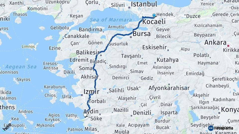 Kocaeli Kuşadası Aydın Arası Kaç Km - Yol Haritası