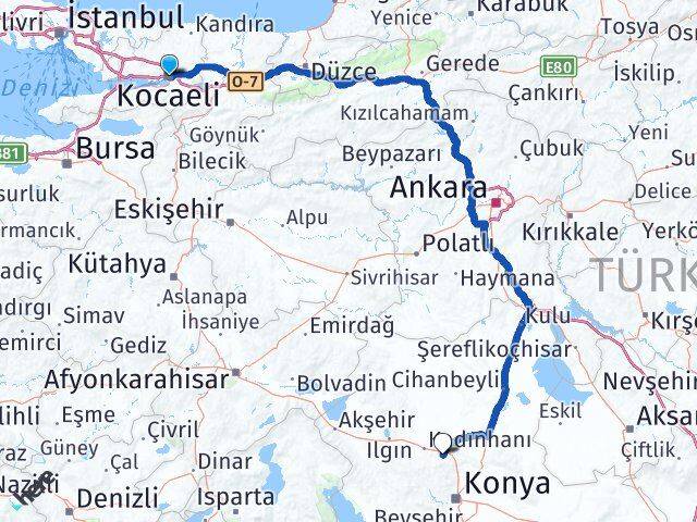 Kocaeli Ladik Sarayönü Konya Arası Kaç Km - Yol Haritası