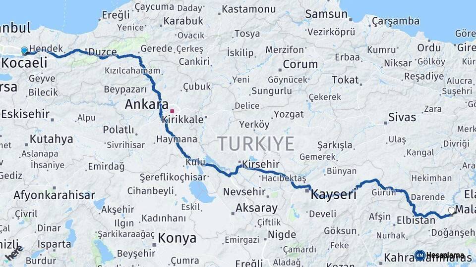 Kocaeli Malatya Arası Kaç Km - Yol Haritası