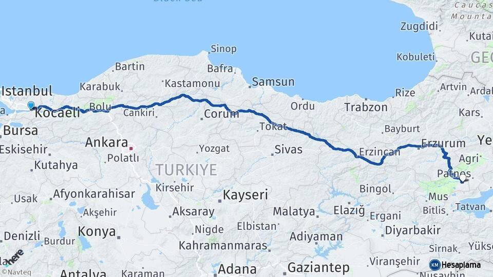 Kocaeli Malazgirt Muş Arası Kaç Km - Yol Haritası