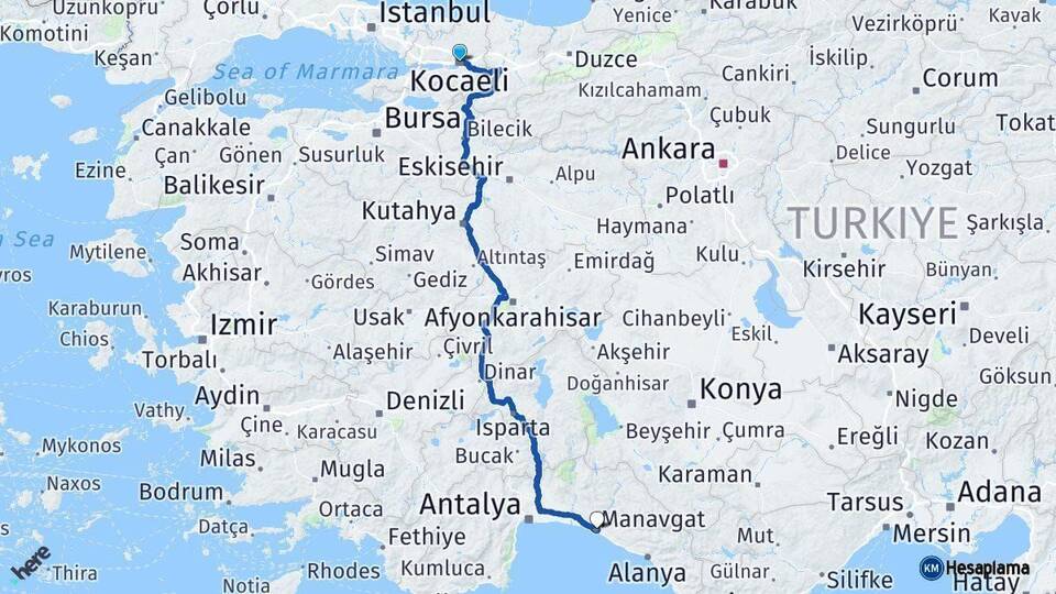 Kocaeli Manavgat Antalya Arası Kaç Km - Yol Haritası