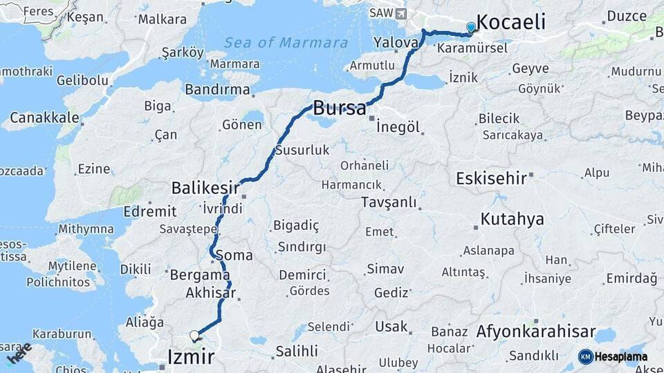 Kocaeli Manisa Arası Kaç Km - Yol Haritası