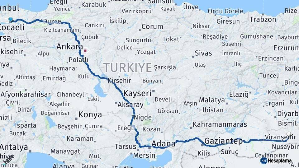 Kocaeli Mardin Arası Kaç Km - Yol Haritası