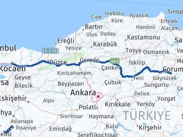 Kocaeli Mecitözü Çorum Arası Kaç Km - Yol Haritası