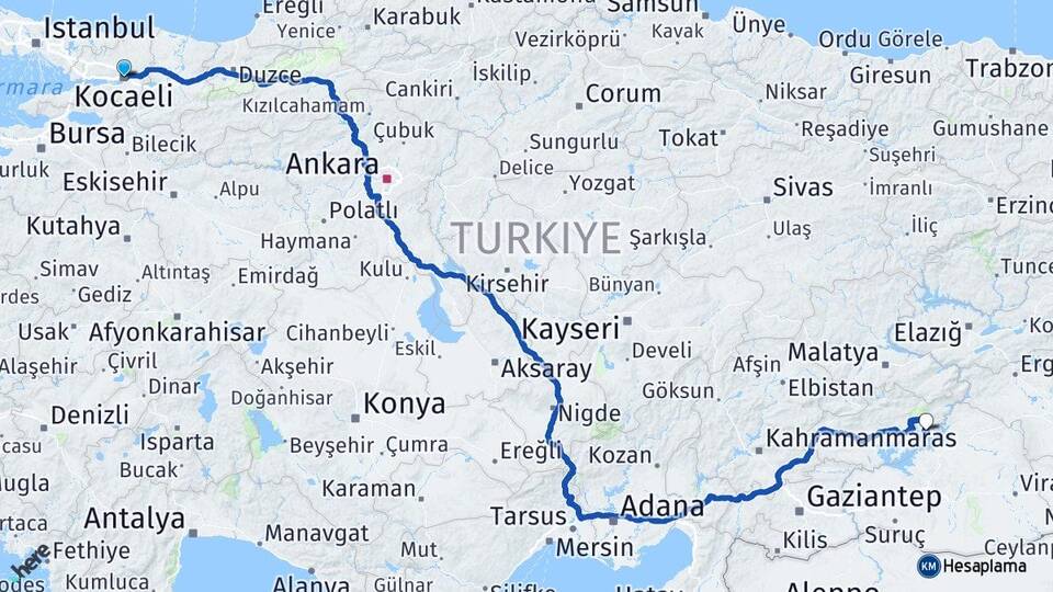 Kocaeli Menzil Kahta Adıyaman Arası Kaç Km - Yol Haritası
