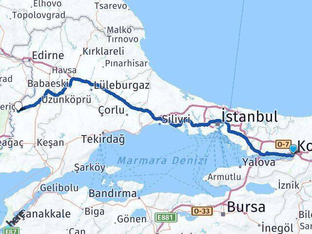 Kocaeli Meriç Arası Kaç Km - Yol Tarifi