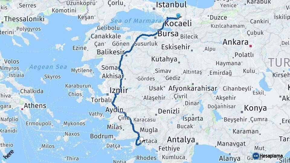Kocaeli Muğla Arası Kaç Km - Yol Haritası