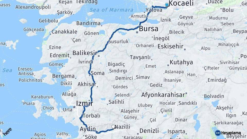 Kocaeli Nazilli Aydın Arası Kaç Km - Yol Haritası