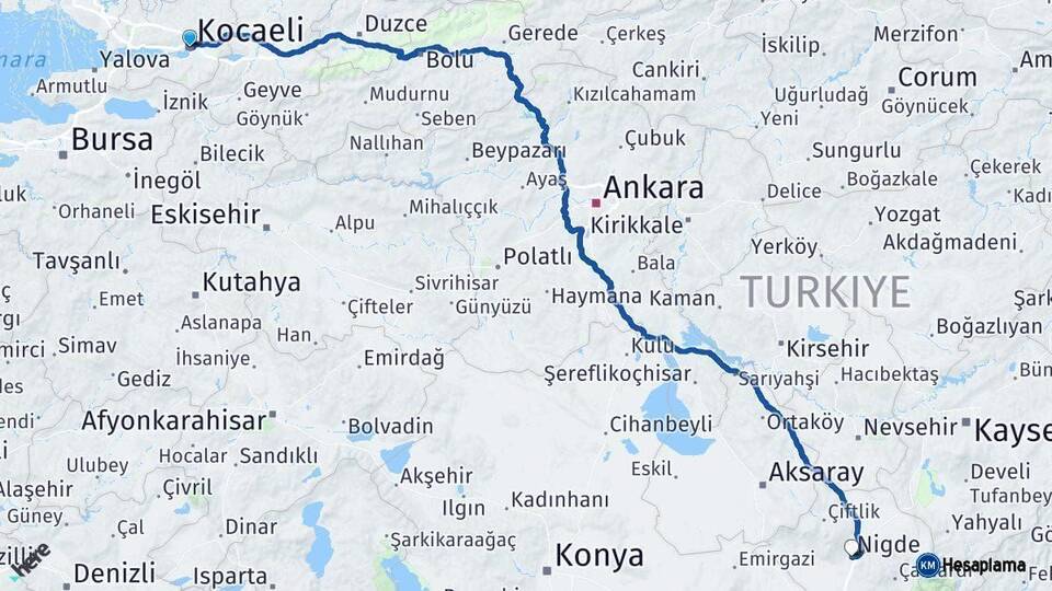 Kocaeli Niğde Arası Kaç Km - Yol Haritası
