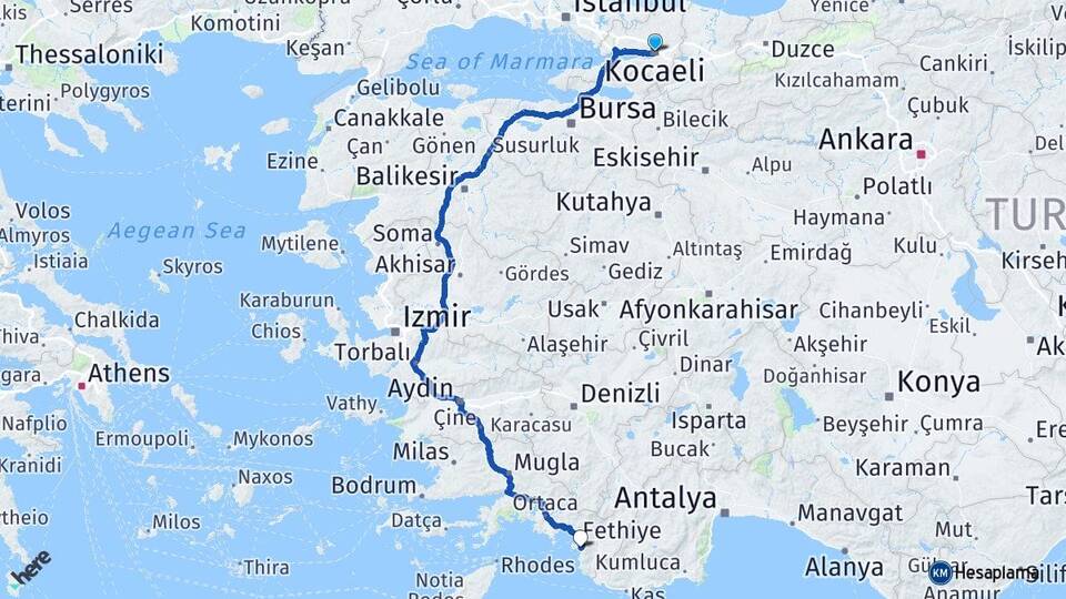 Kocaeli Ölüdeniz Fethiye Muğla Arası Kaç Km - Yol Haritası