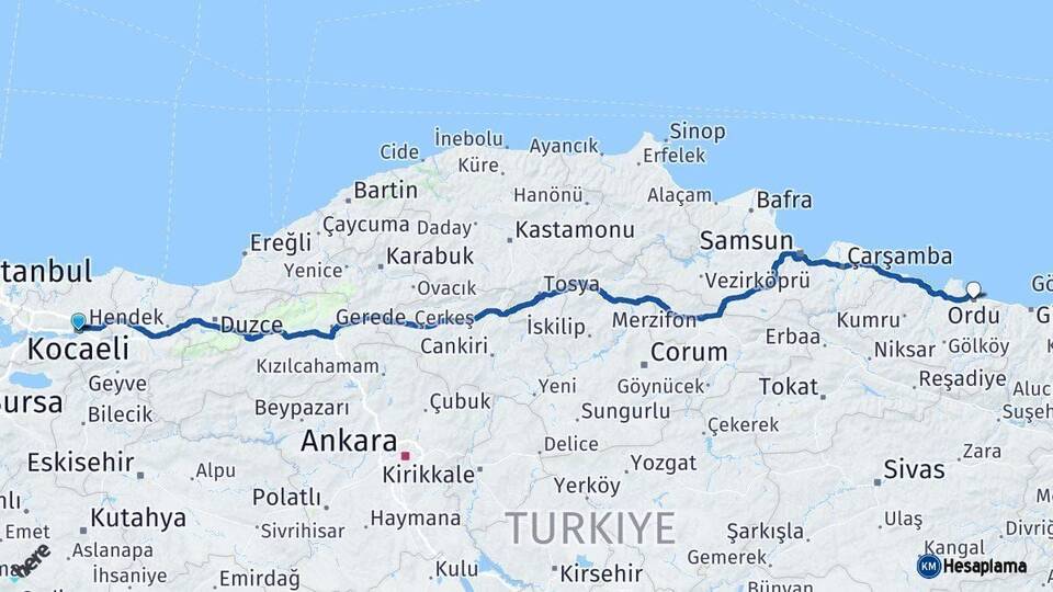 Kocaeli Ordu Arası Kaç Km - Yol Haritası