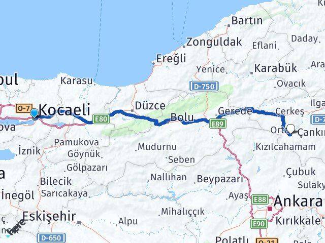 Kocaeli Orta Çankırı Arası Kaç Km - Yol Haritası