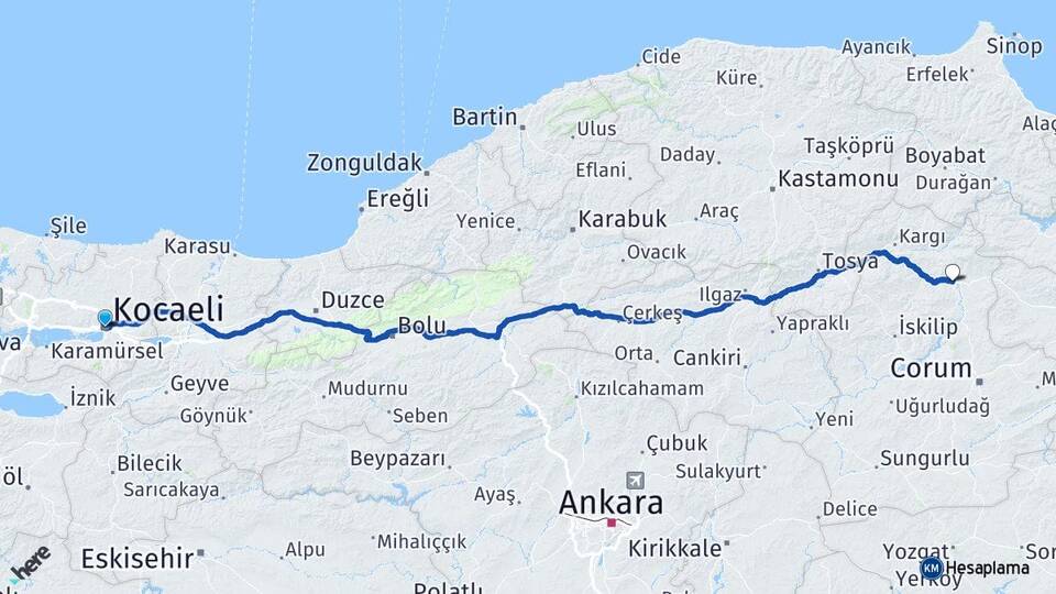 Kocaeli Osmancık Çorum Arası Kaç Km - Yol Haritası