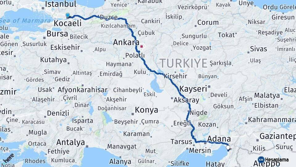Kocaeli Payas Hatay Arası Kaç Km - Yol Haritası