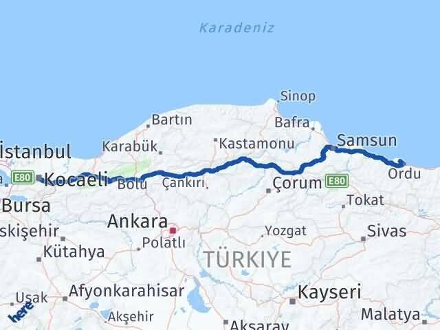 Kocaeli Perşembe Ordu Arası Kaç Km - Yol Haritası
