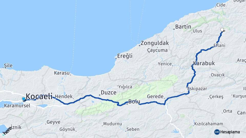 Kocaeli Pınarbaşı Kastamonu Arası Kaç Km - Yol Haritası