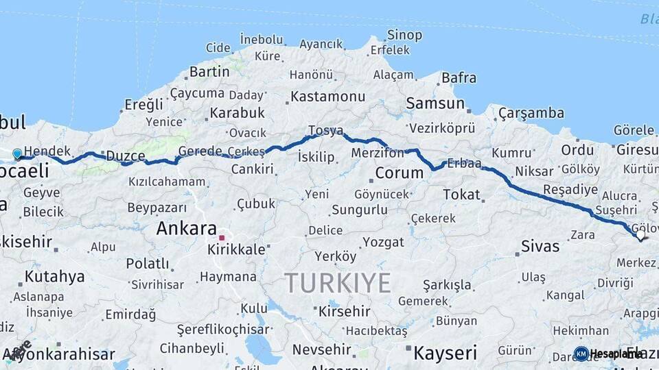 Kocaeli Refahiye Erzincan Arası Kaç Km - Yol Haritası