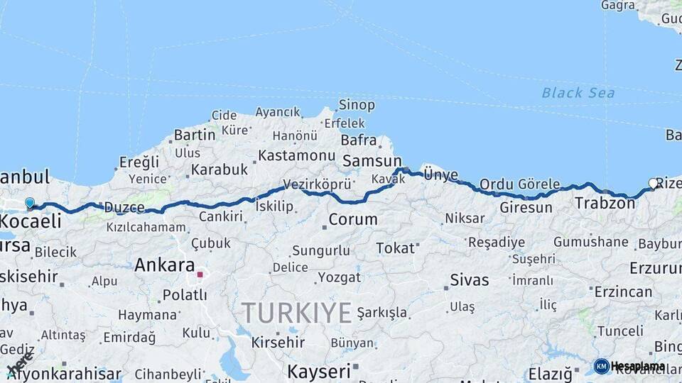 Kocaeli Rize Arası Kaç Km - Yol Haritası