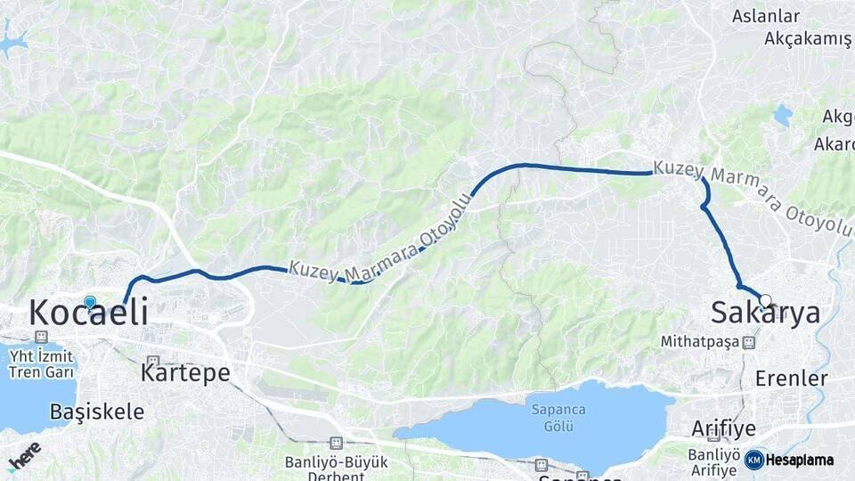 Kocaeli Sakarya Arası Kaç Km - Yol Haritası