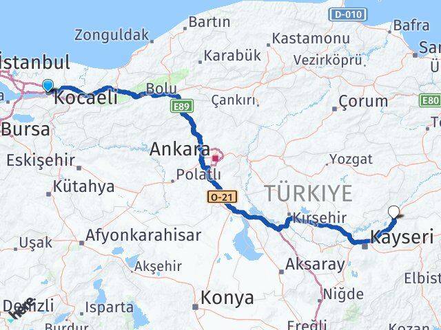Kocaeli Sarıoğlan Kayseri Arası Kaç Km - Yol Haritası