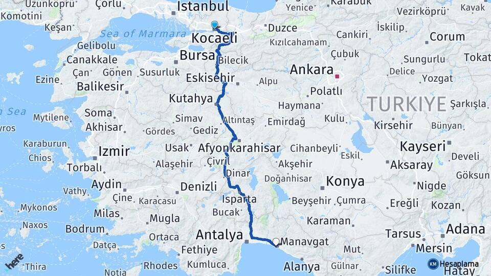 Kocaeli Side Manavgat Antalya Arası Kaç Km - Yol Haritası