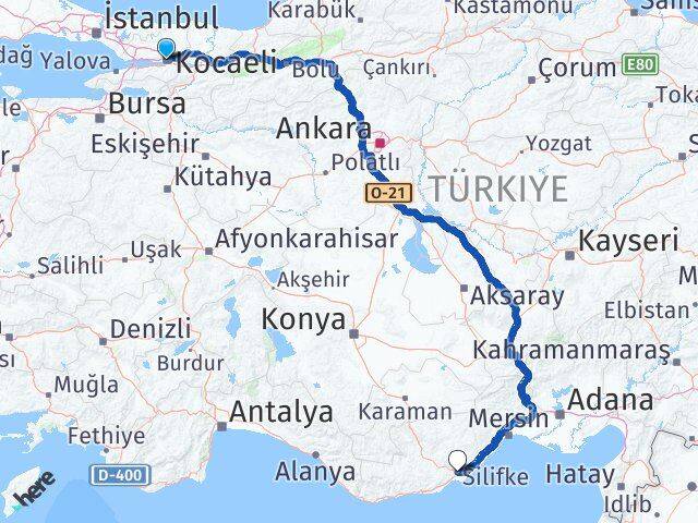 Kocaeli Silifke Mersin Arası Kaç Km - Yol Haritası