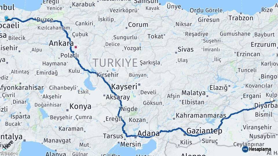Kocaeli Silvan Diyarbakır Arası Kaç Km - Yol Haritası