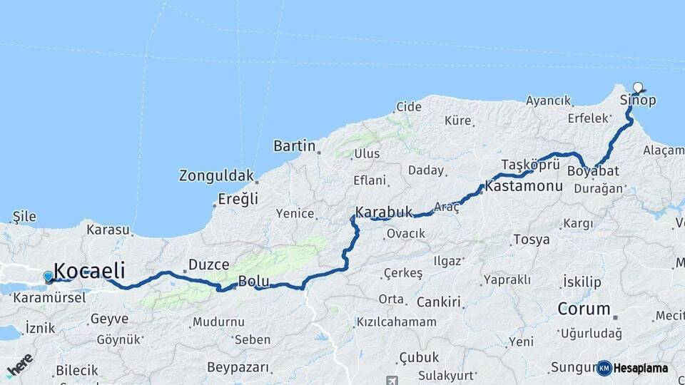 Kocaeli Sinop Arası Kaç Km - Yol Haritası