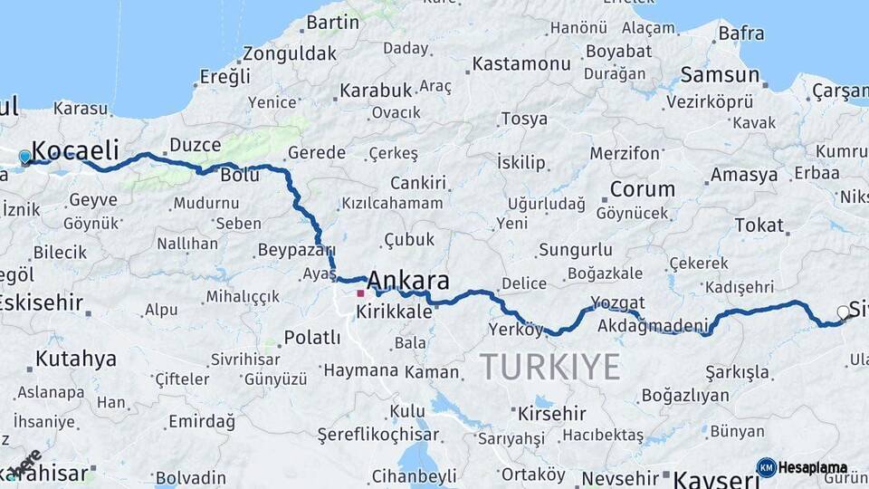 Kocaeli Sivas Arası Kaç Km - Yol Haritası