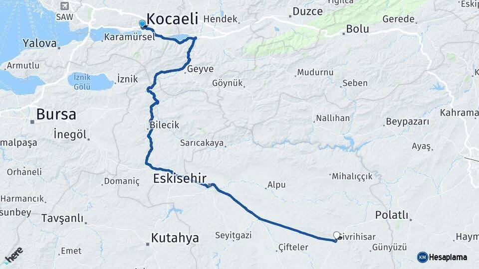 Kocaeli Sivrihisar Eskişehir Arası Kaç Km - Yol Haritası