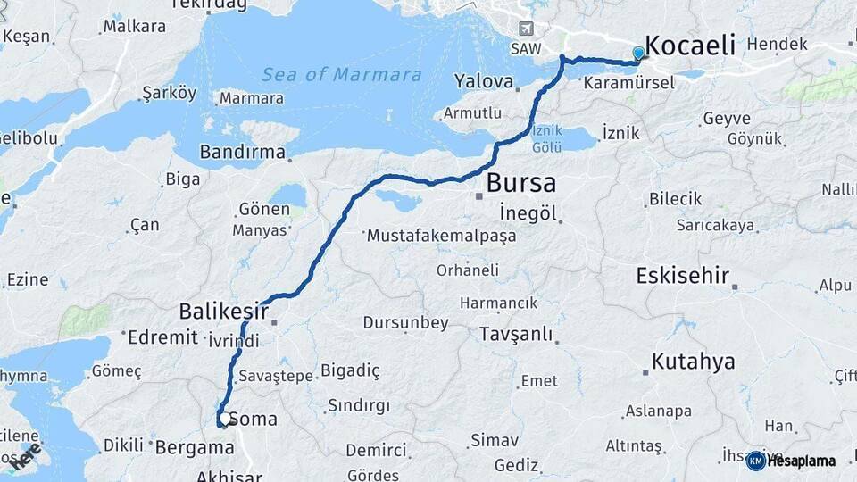 Kocaeli Soma Manisa Arası Kaç Km - Yol Haritası