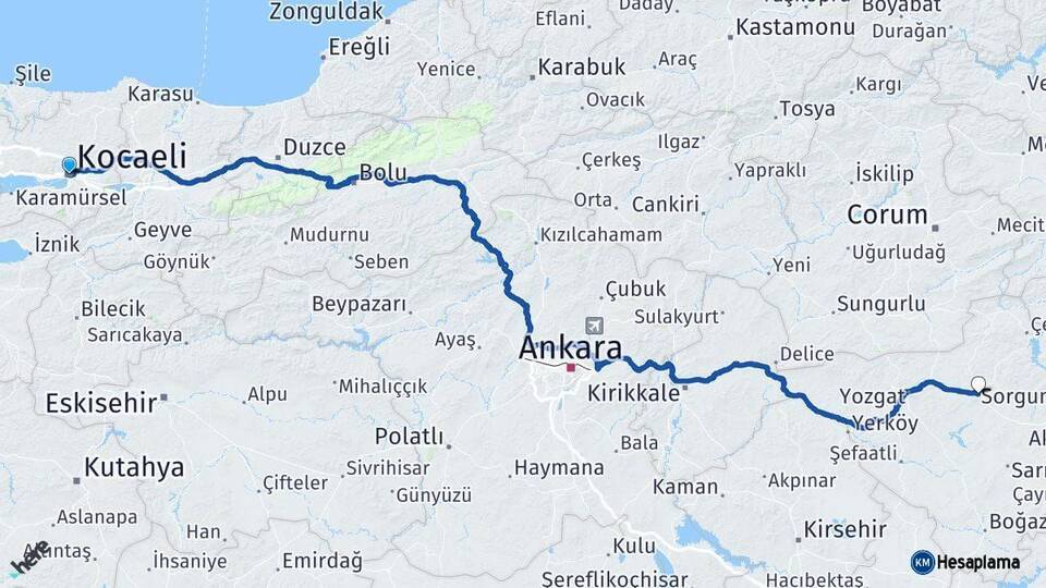 Kocaeli Sorgun Yozgat Arası Kaç Km - Yol Haritası
