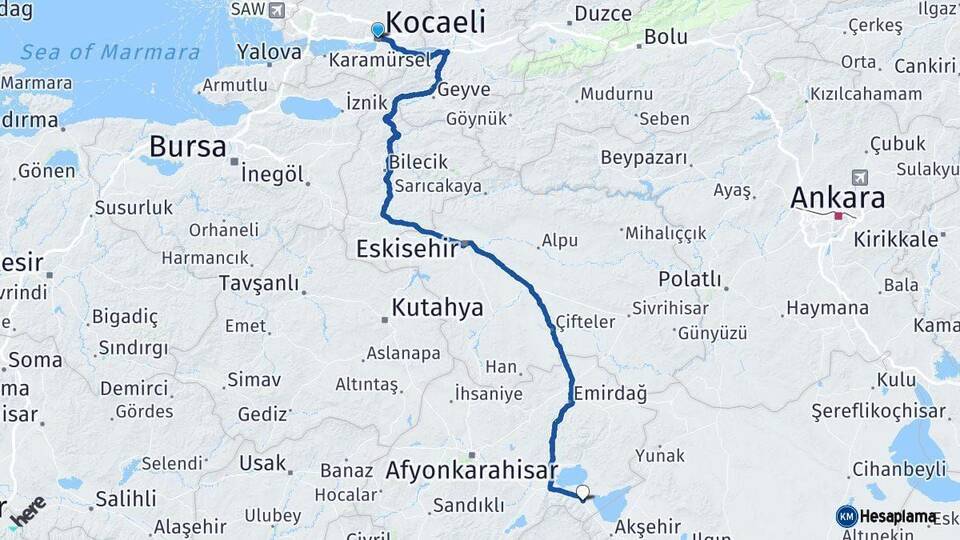 Kocaeli Sultandağı Afyonkarahisar Arası Kaç Km - Yol Haritası