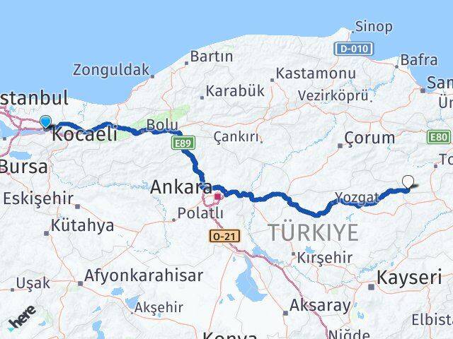 Kocaeli Sulusaray Tokat Arası Kaç Km - Yol Haritası