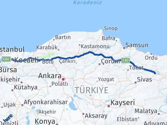 Kocaeli Suşehri Sivas Arası Kaç Km - Yol Haritası