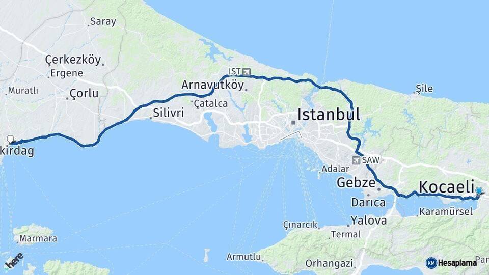 Kocaeli Tekirdağ Arası Kaç Km - Yol Haritası