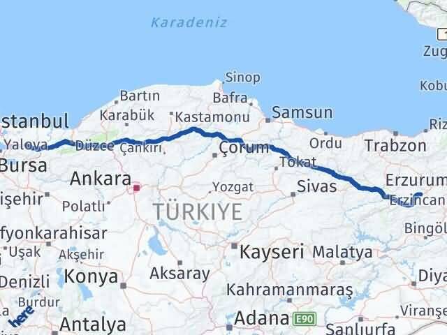 Kocaeli Tercan Erzincan Arası Kaç Km - Yol Haritası
