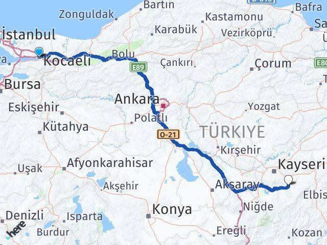Kocaeli Tomarza Kayseri Arası Kaç Km - Yol Haritası