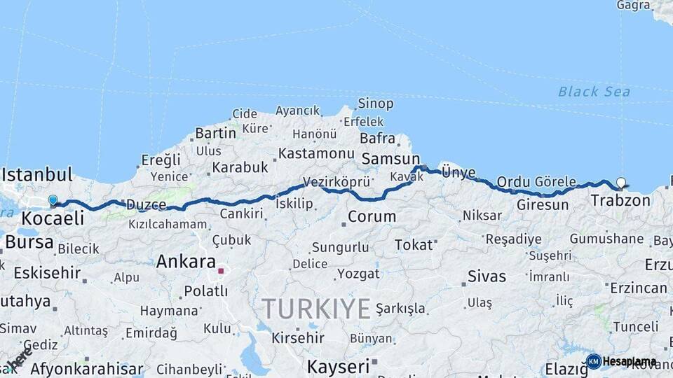 Kocaeli Trabzon Arası Kaç Km - Yol Haritası