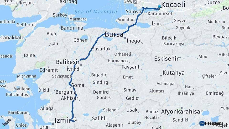 Kocaeli Turgutlu Manisa Arası Kaç Km - Yol Haritası