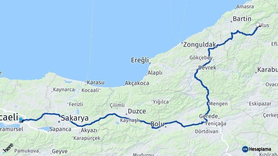Kocaeli Ulus Bartın Arası Kaç Km - Yol Haritası