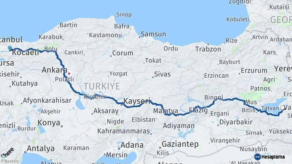 Kocaeli Van Arası Kaç Km - Yol Haritası