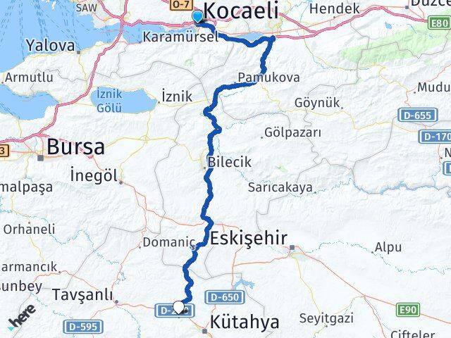 Kocaeli Yoncalı Kütahya Arası Kaç Km - Yol Haritası