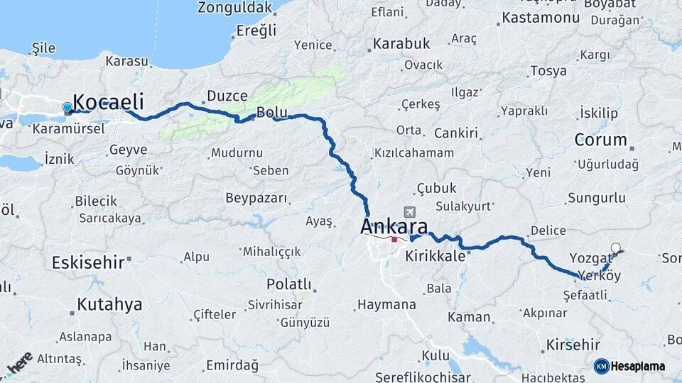 Kocaeli Yozgat Arası Kaç Km - Yol Haritası