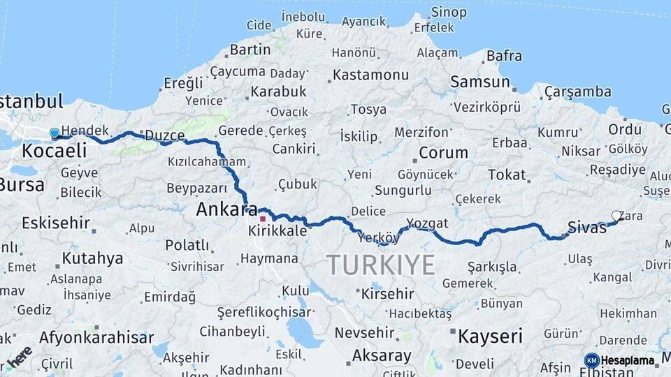 Kocaeli Zara Sivas Arası Kaç Km - Yol Haritası